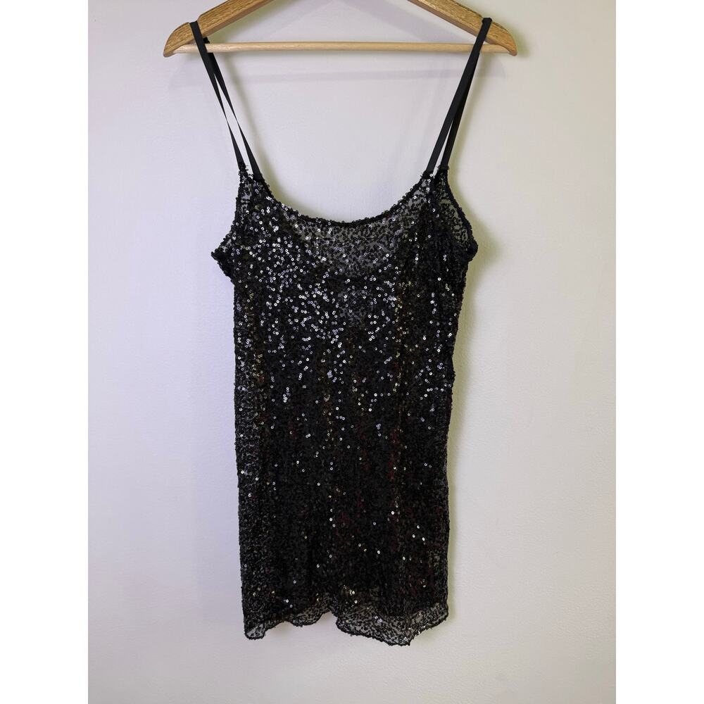 Free People Intimately Black Sequin Mini Slip Dress Y2K Sheer Lace Trim Small - Picture 3 of 6